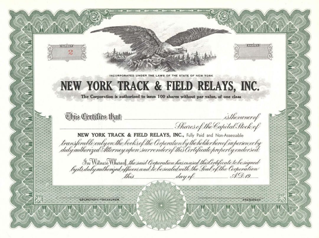 New York Track and Field Relays, Inc. - Stock Certificate - Sports Stocks & Bond