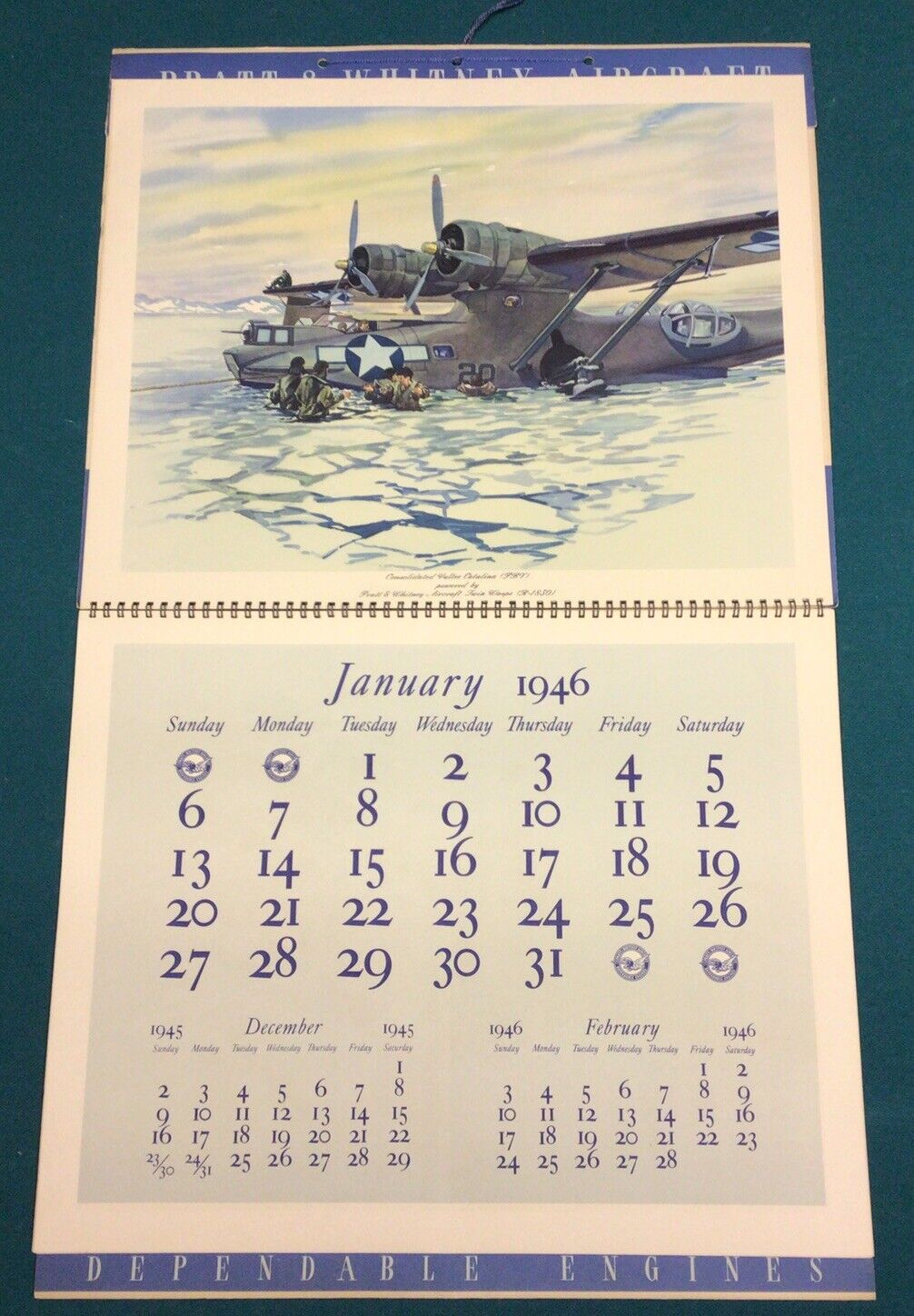 Pratt & Whitney 1946 Calendar Aircraft Illustrated Watercolor Airplanes WWll
