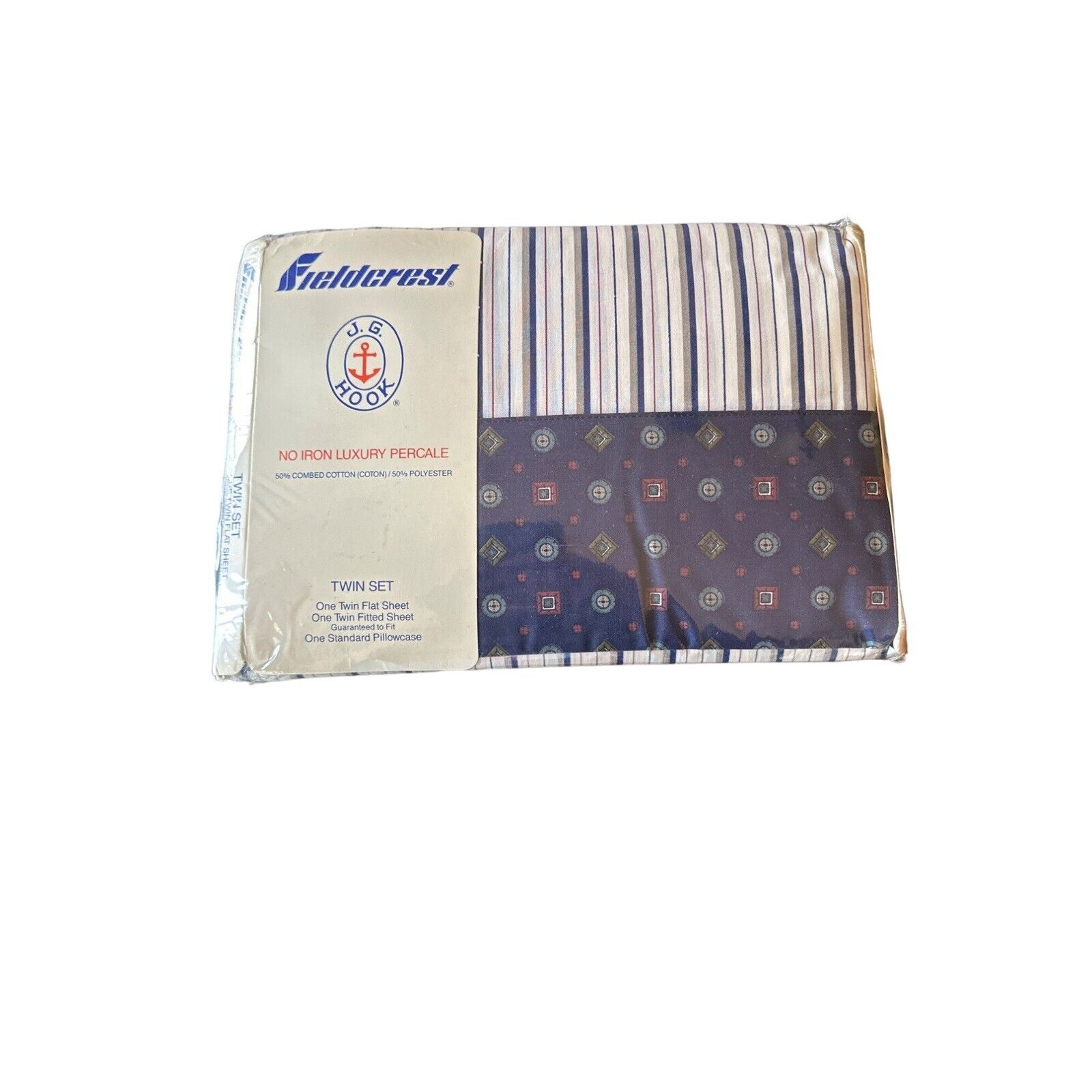 NIP Vintage 80\'s JG Hook Fieldcrest Haberdashery Striped Twin  Sheet Set