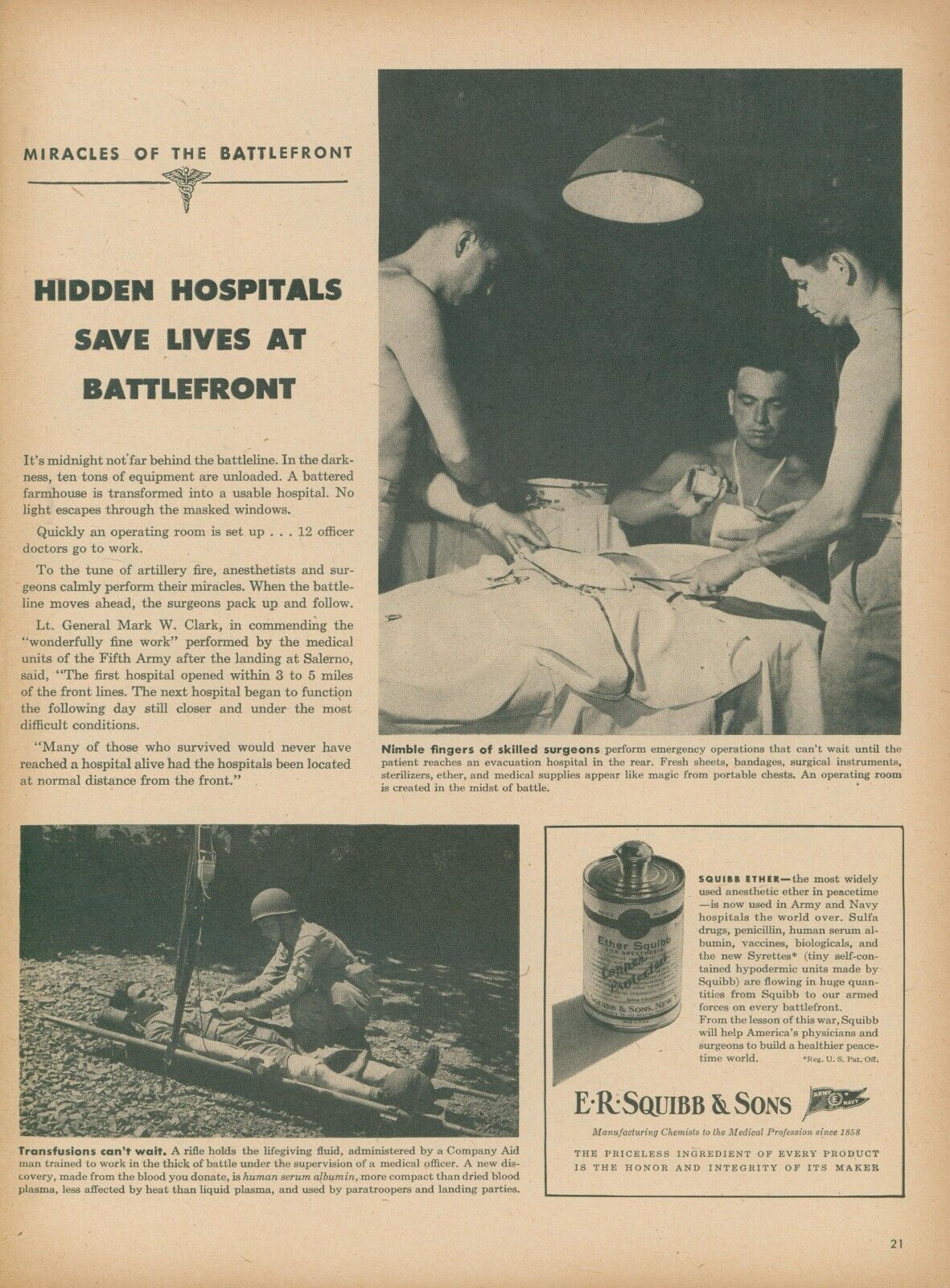 1944 WWII Squibb Ether Hidden Hospitals Save Lives Battlefront Vtg Print Ad L32