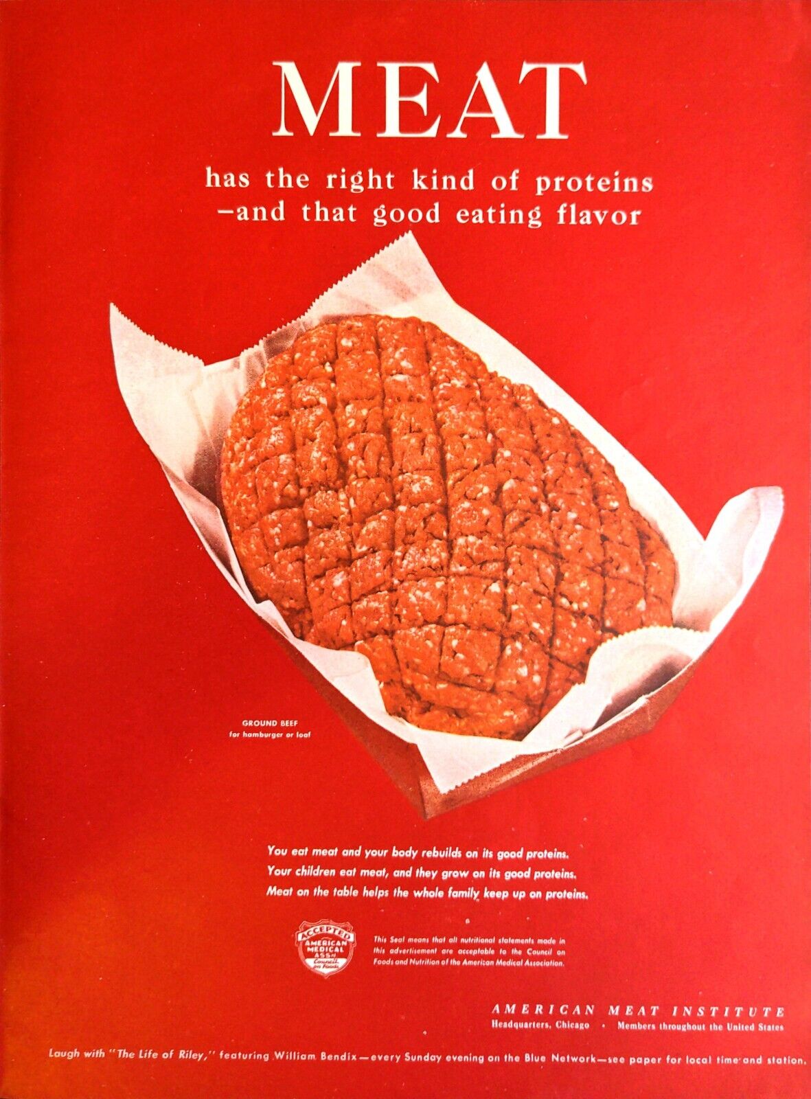 1944 American Meat Institute Print Ad Right Kind Of Proteins Ground Beef Burgers