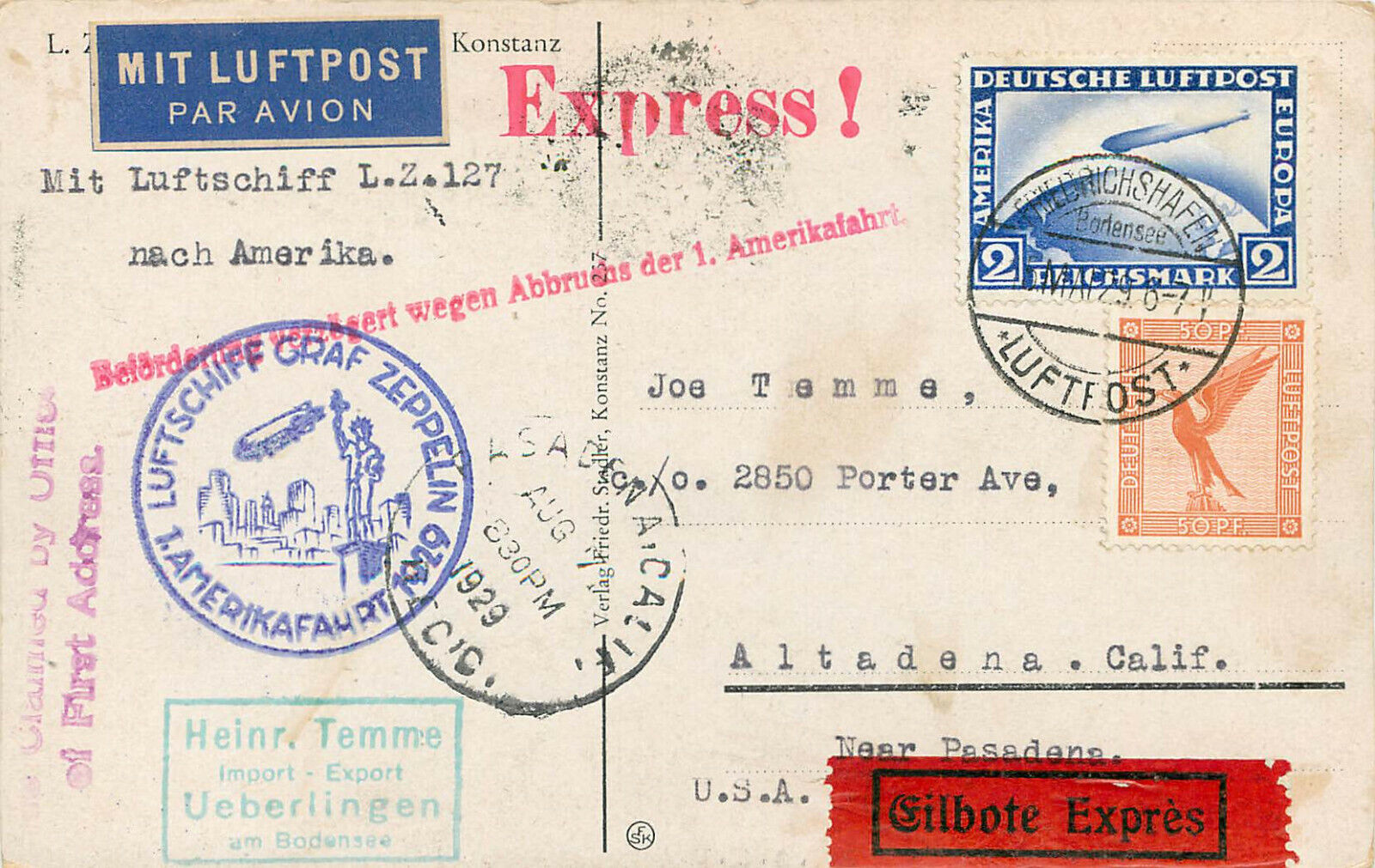 Postcard Flown on Graf Zeppelin LZ 127 August 1929 L'Amerikafarht Cancel 2m 50pf