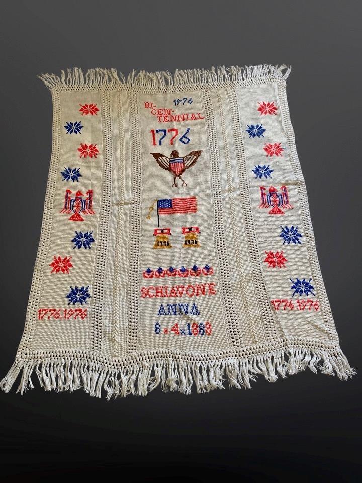 FOLK ART Patriotic Bicentenial 1776-1976 ANNA SCHIVONE 1888 Eagle Blanket AFGHAN