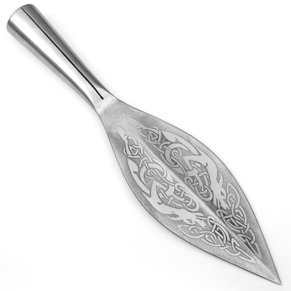 Norse Viking Leaf Long Spear Head High Carbon Steel, Laser Etched + Free Sheath
