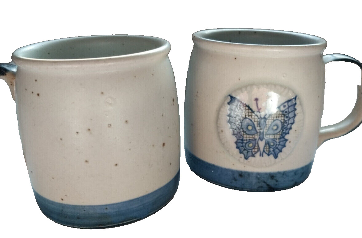Vintage Speckled Stoneware Mugs Blue Butterfly Pair