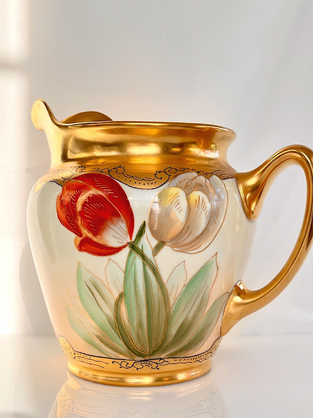 Antique Pickard China Twin Tulip Art Nouveau Porcelain Jug Pitcher SIGNED