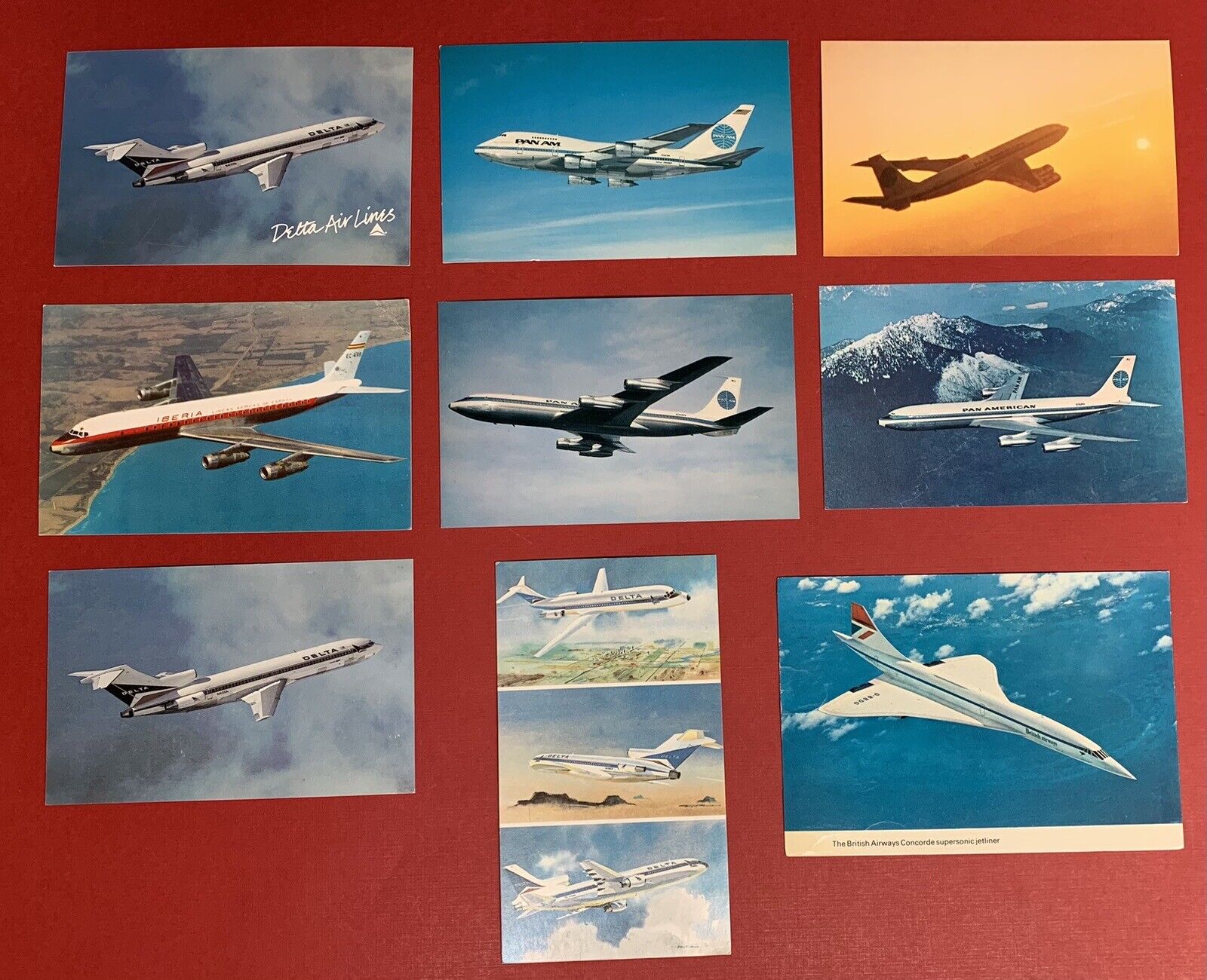 Lot of 11 Different Airplane Postcards, Pan Am, Delta, Iberia, & British Airways