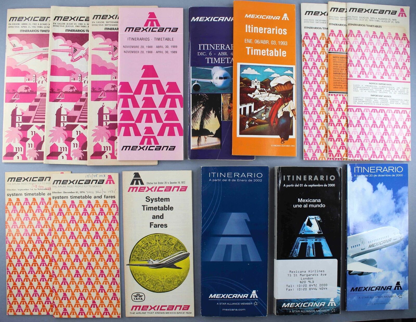 MEXICANA AIRLINE TIMETABLES X 15 - 1972 - 2002 MEXICO