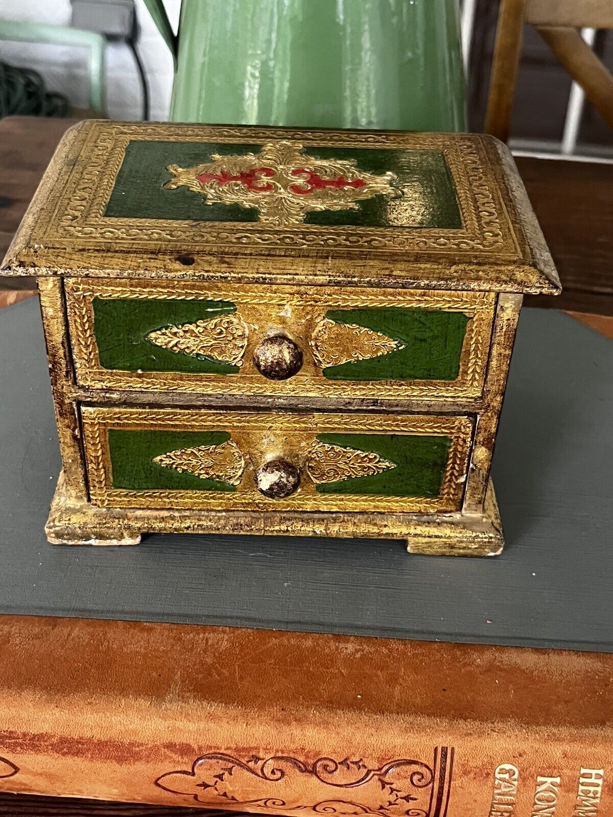 Vintage Florentine Italian Wooden 2 Drawer Jewelry Box Green & Gold Gilt Italy