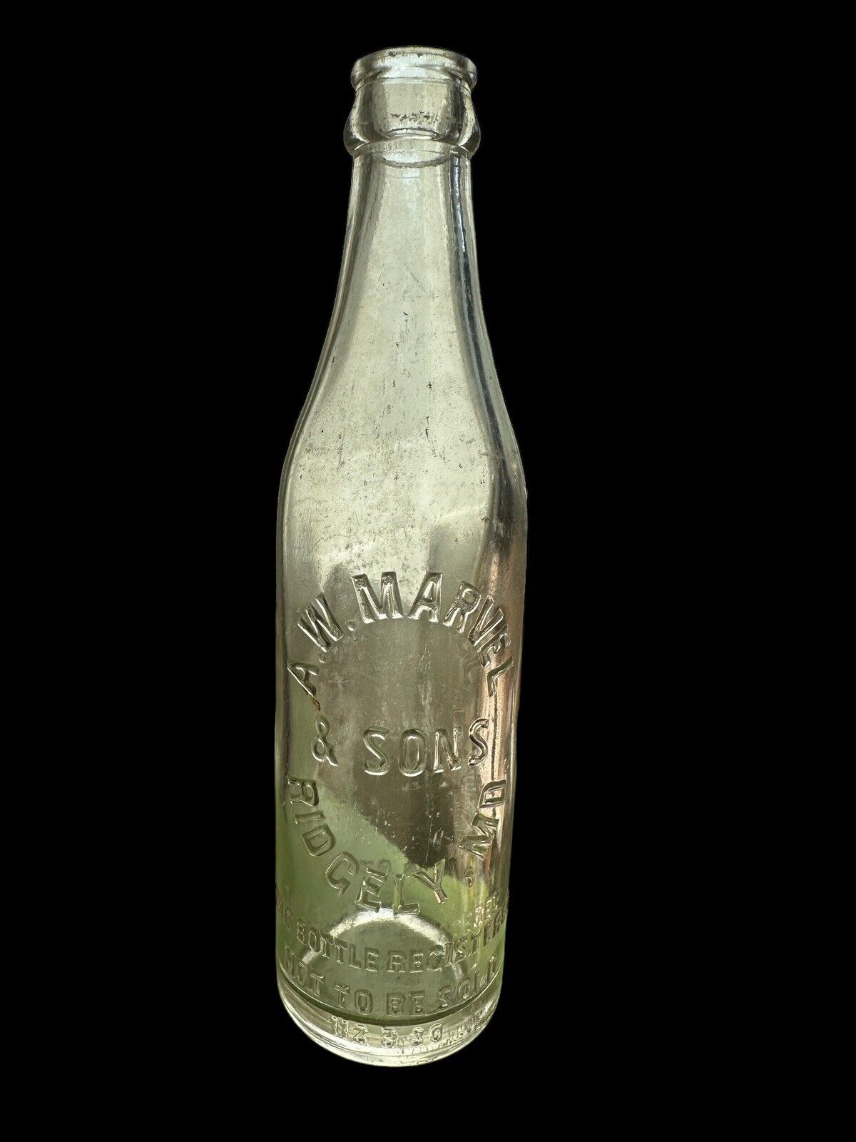 Very Rare A.W. Marvel & Sons Ridgley MD Bottle 8 Oz Clear