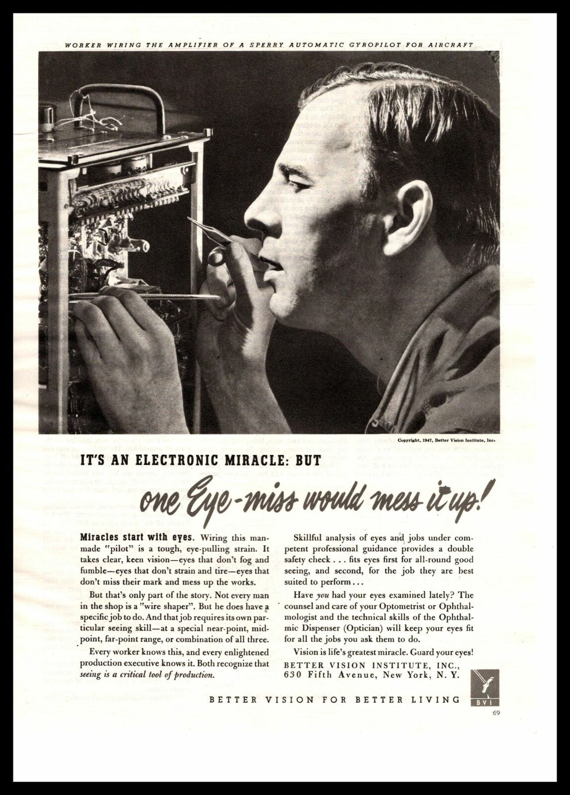 1947 Better Vision Institute Sperry Aircraft Automatic Gyropilot Wiring Print Ad