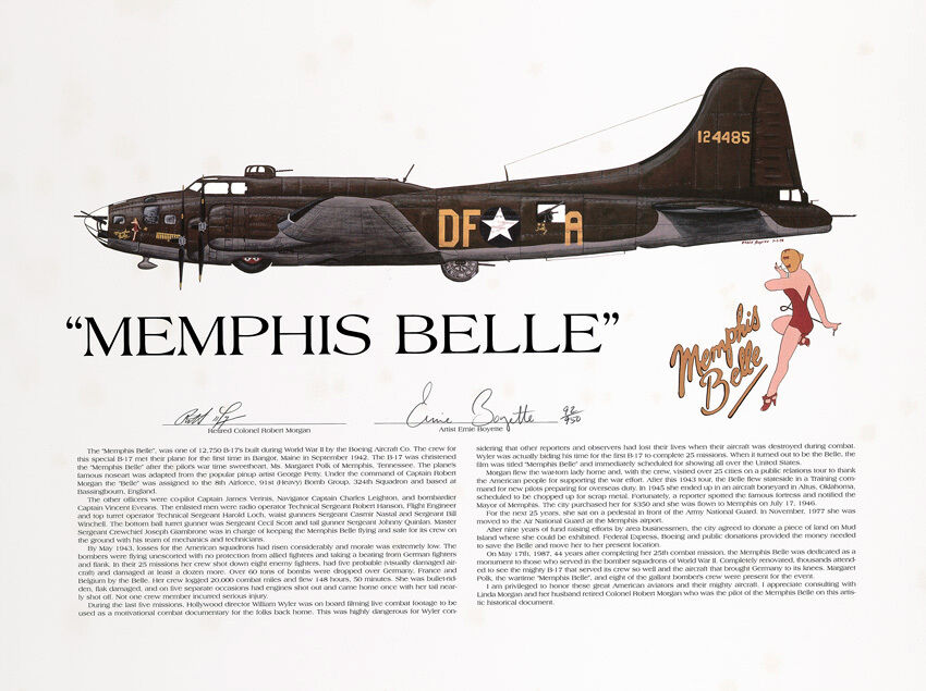 B-17F Memphis Belle, Signed by the pilot, Aviation Artist, Ernie Boyette