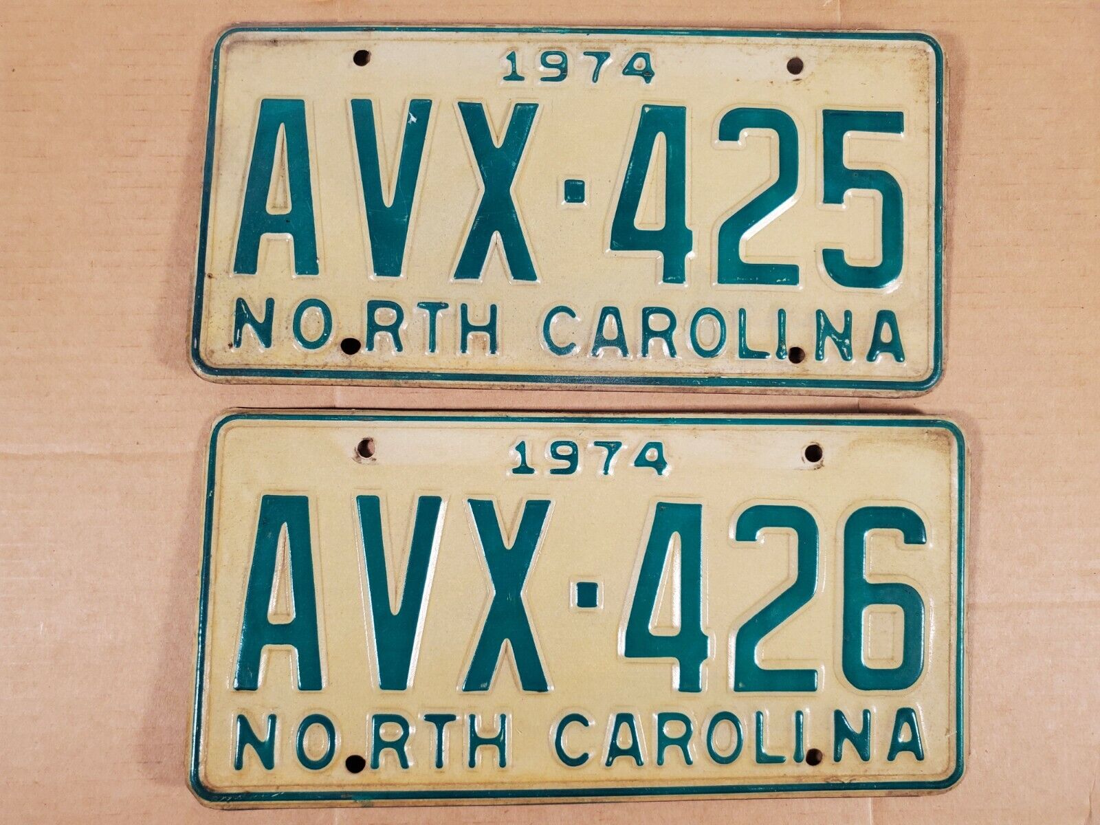 Vintage North Carolina NC Auto License Plate ~ 1974 AVX-425 AVX-426