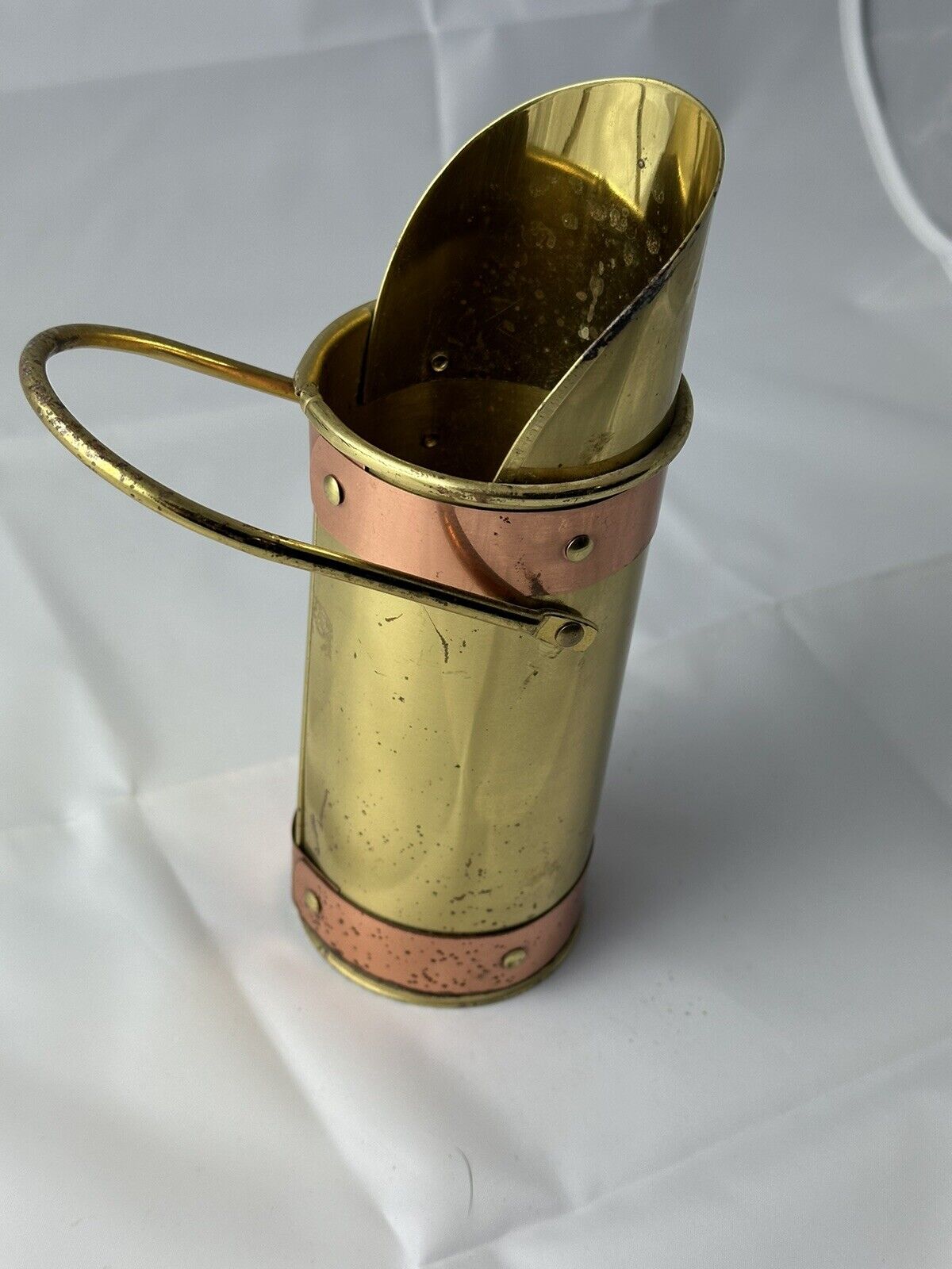 VTG Copper & Brass Fireplace Matchstick Holder w/Handle & Matches/Striker