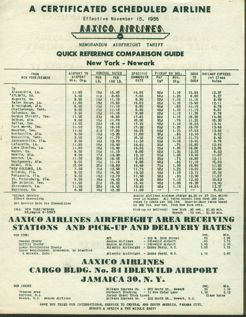 Aaxico Airlines New York-Newark airline Airfreight rate sheet 1956