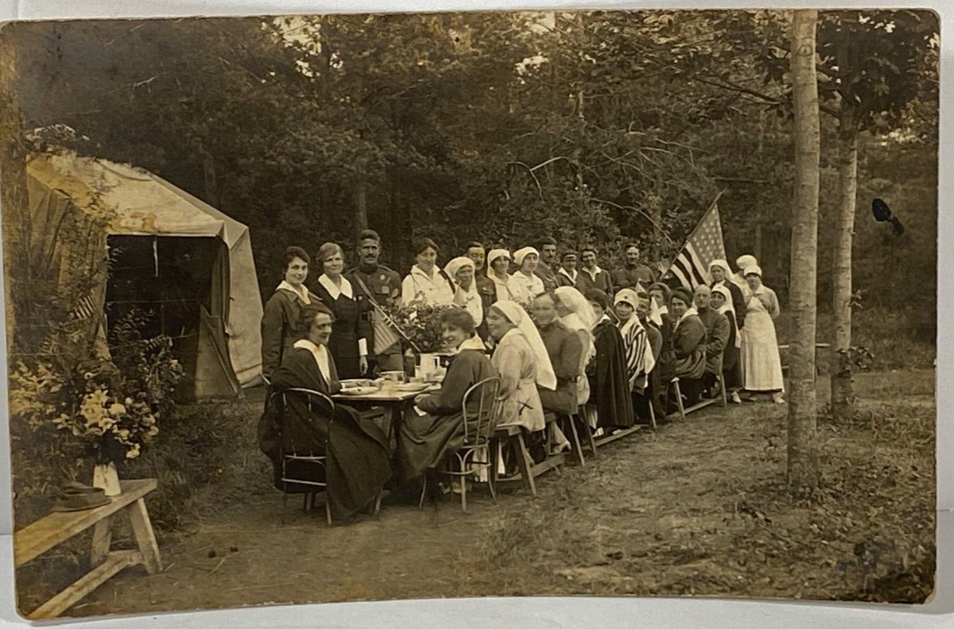RPPC Postcard B&W WWI Hospital Party Nurses Military U.S. Army Soldiers 1919