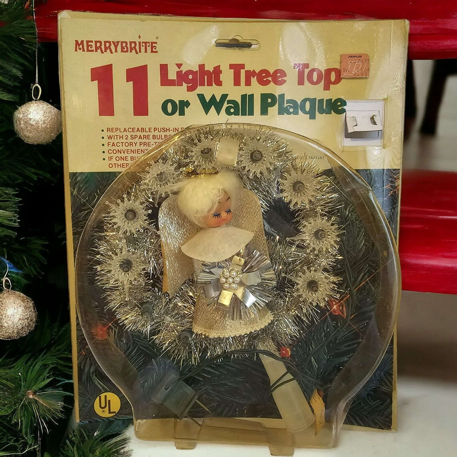 Merry Brite Vintage Christmas Tree Topper Wall Plaque Angel Silver Metallic READ