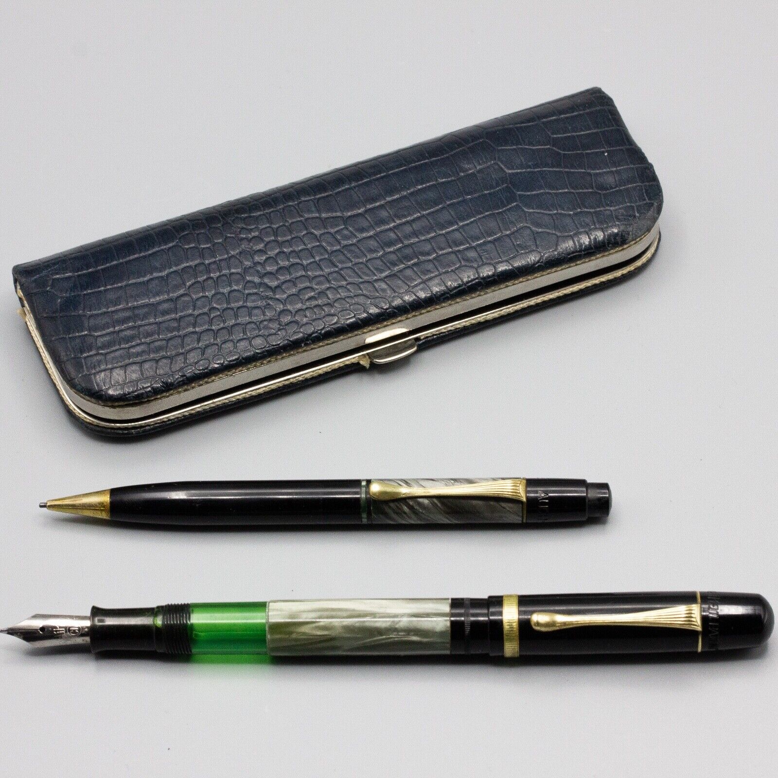 Early 1940's Pelikan 100N CN Fountain Pen & Pencil Grey Marbled with Era Case