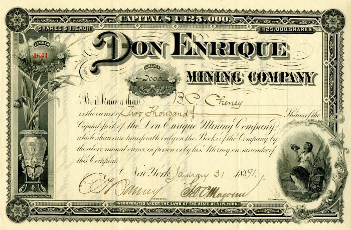 Don Enrique Mining Co. Issued to B.P. Cheney - Autographed Stocks & Bonds