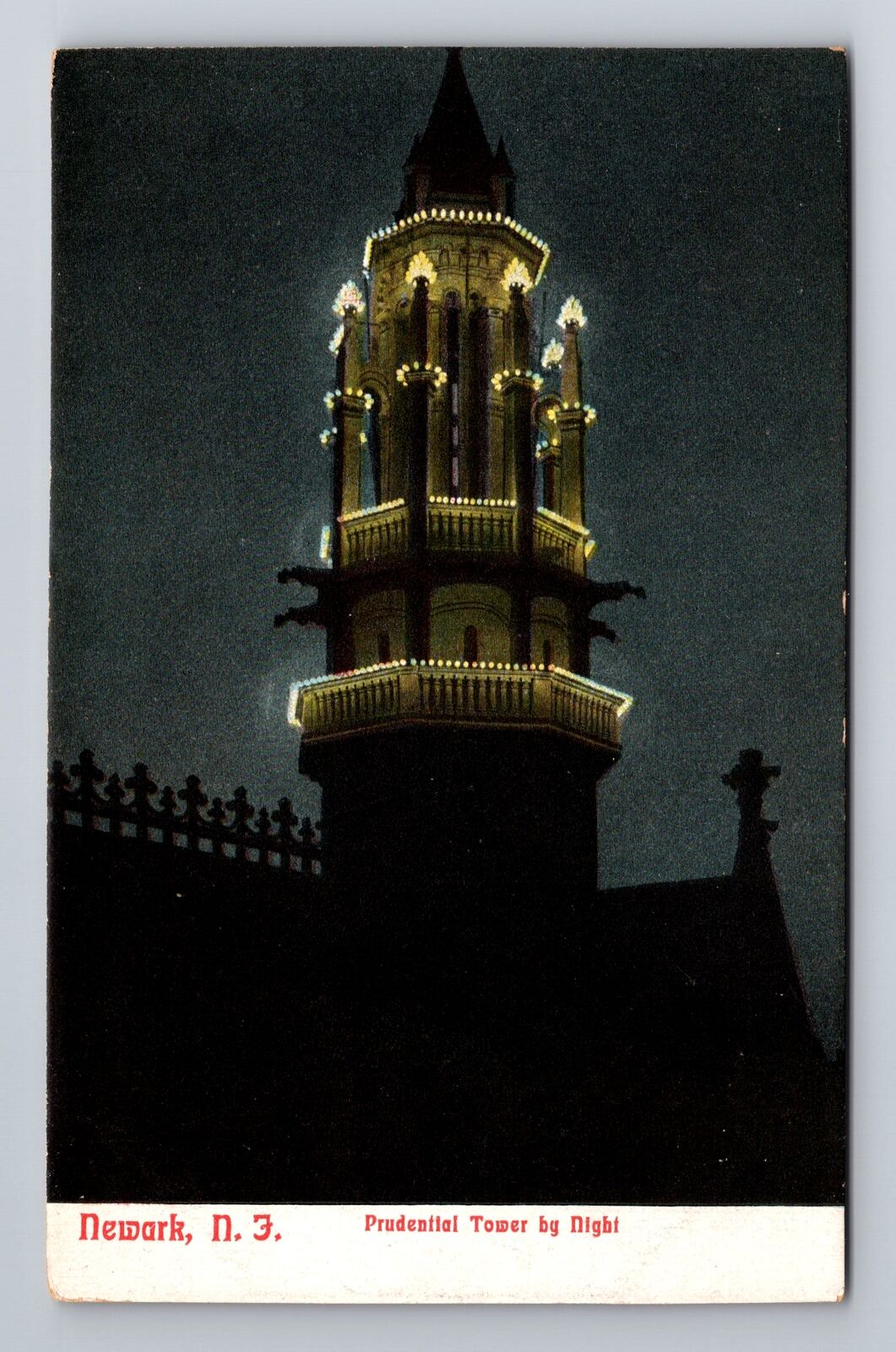 Newark NJ-New Jersey, Prudential Tower By Night, Antique, Vintage Postcard