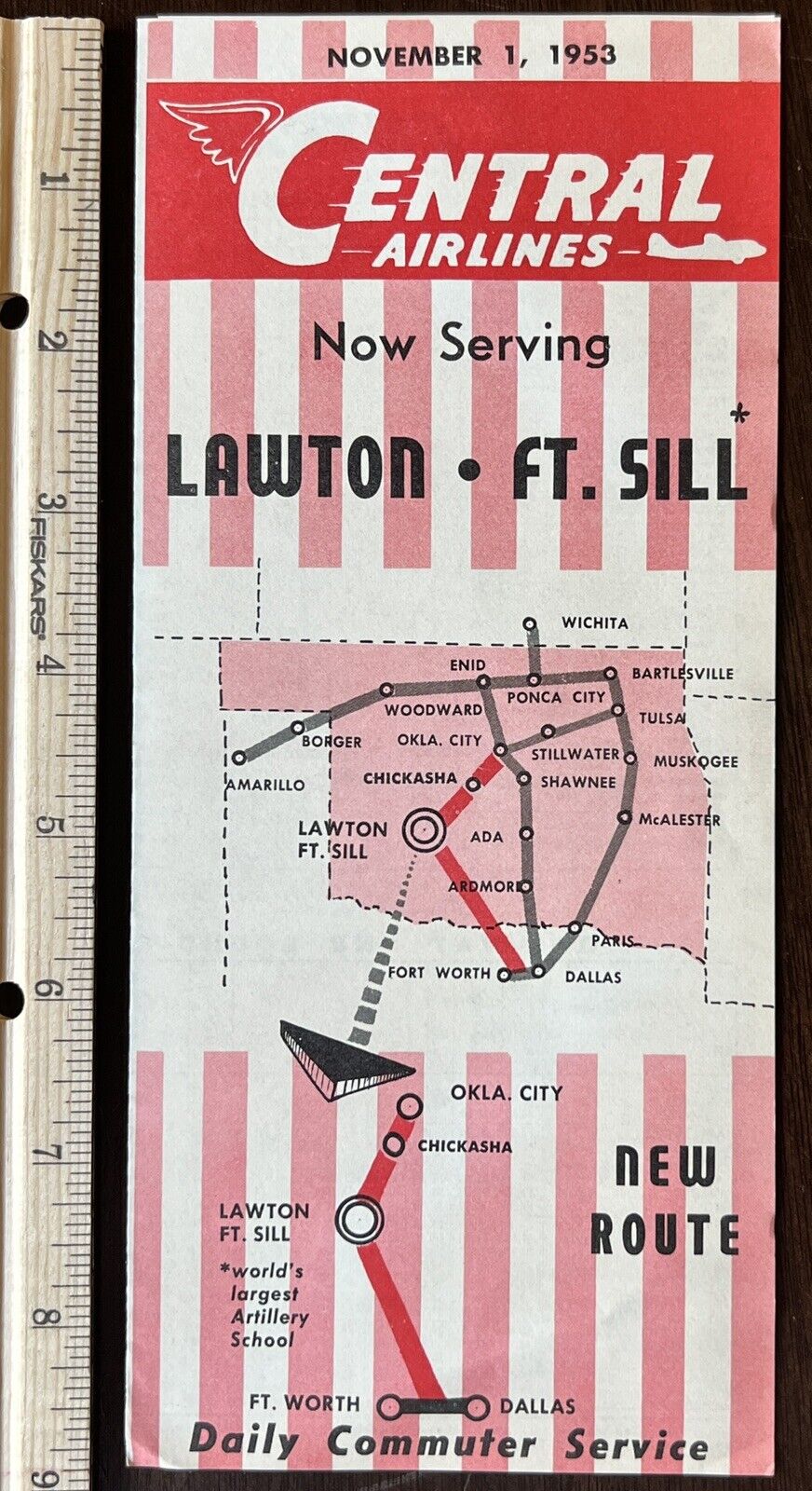 RARE 1953 CENTRAL AIRLINES BROCHURE NOW SERVING LAWTON FT. SILL WITH SCHEDULES