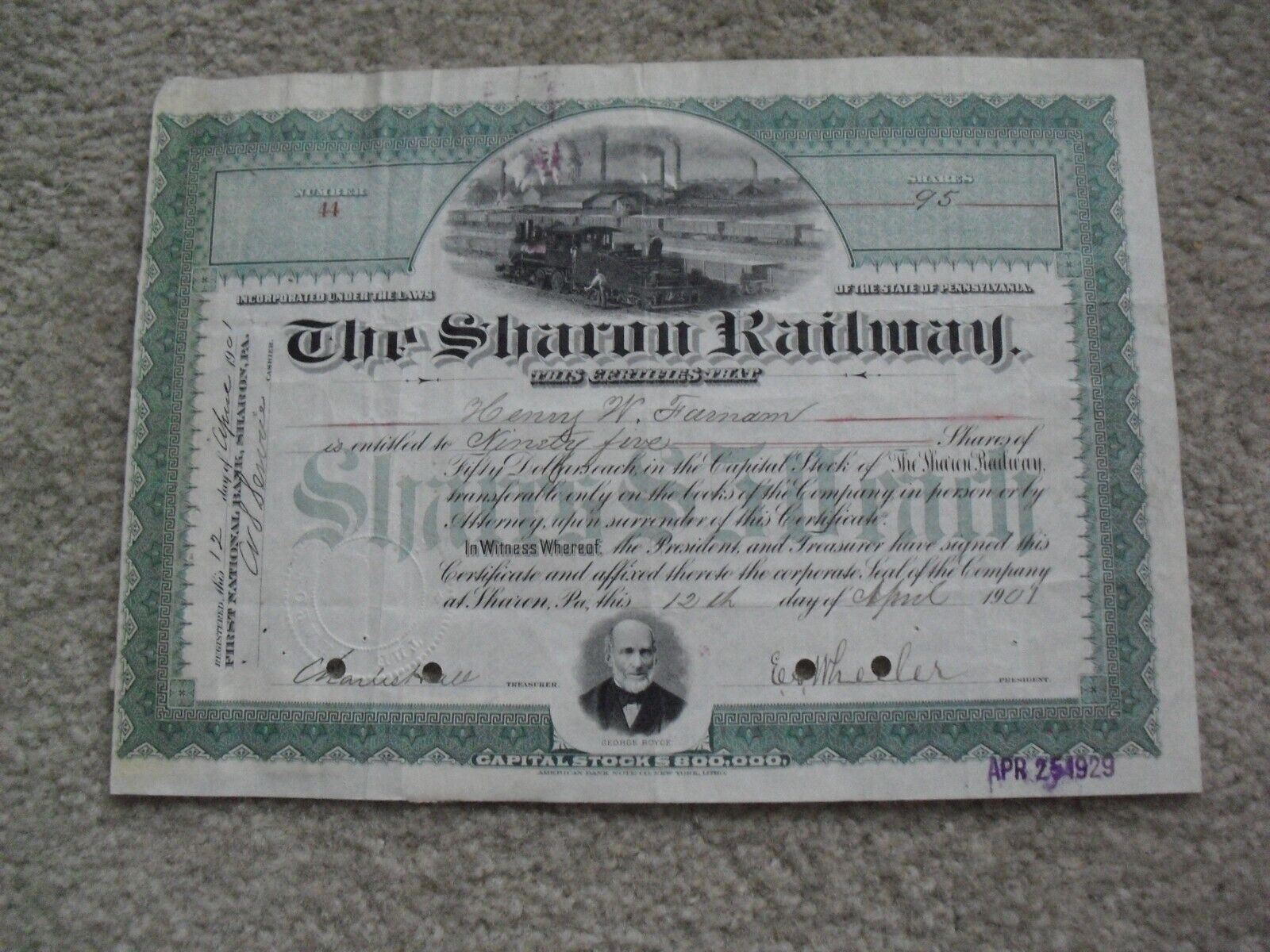Vintage 1901 Stock Certificate Sharon Railway Railroad Company 95 Shares