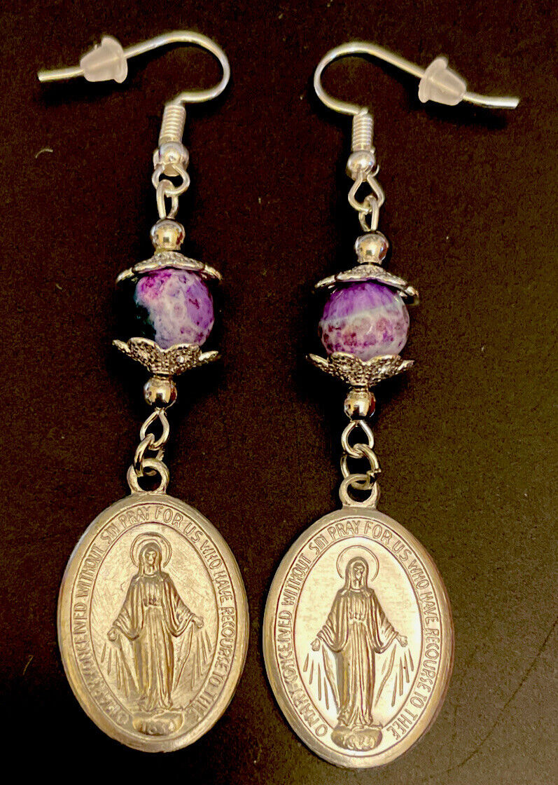 Catholic Semi Precious Purple Jade Jasper Stone Earrings, Miraculous Mary Medals