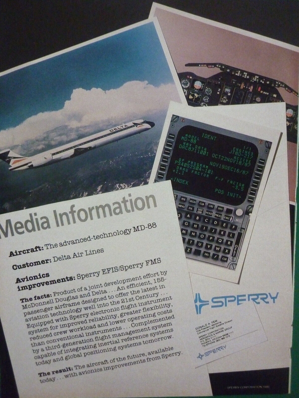 5/86 PUB SPERRY EFIS FMS AVIONICS DELTA AIR LINES MD-88 AIRLINER ORIGINAL AD