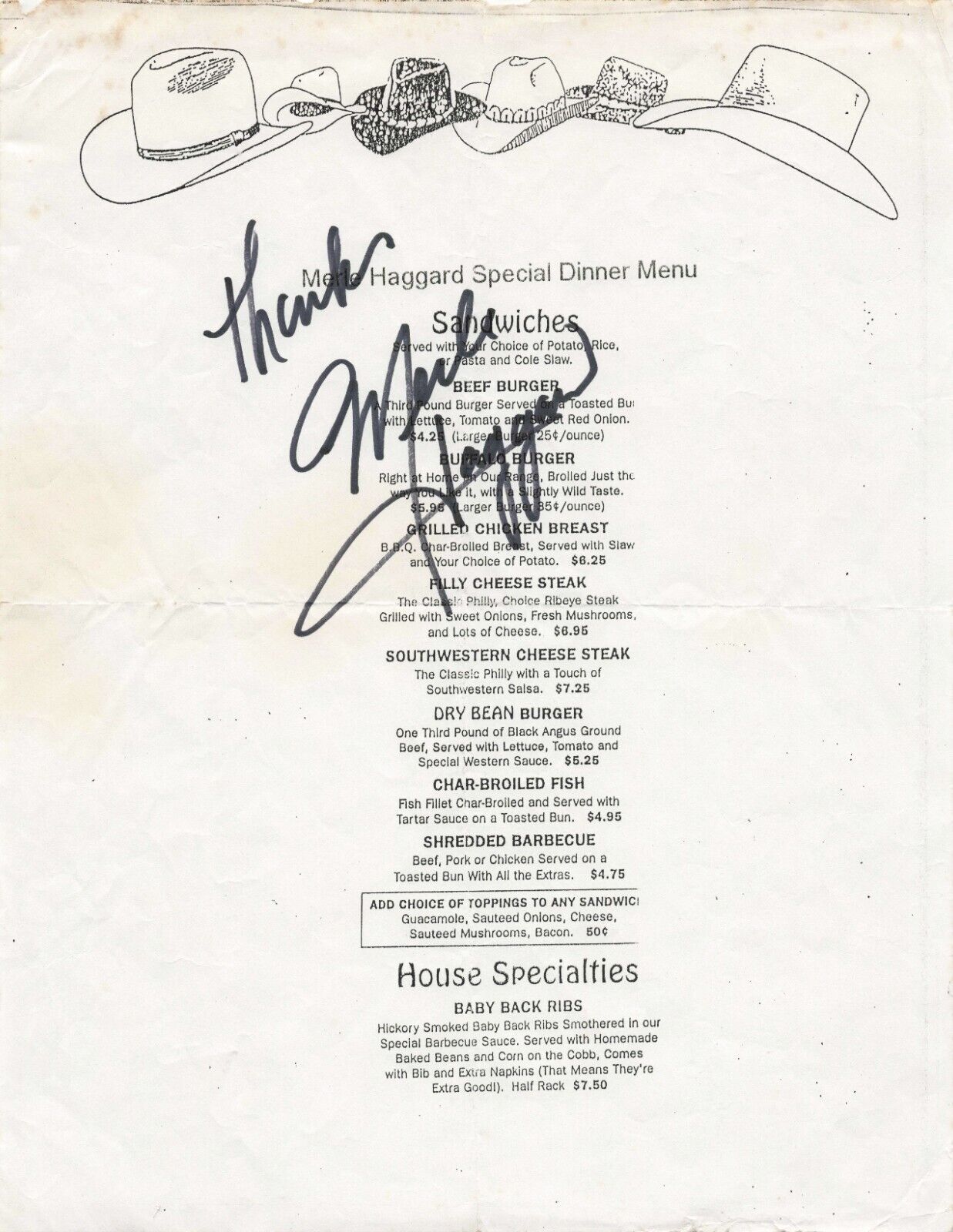 Merle Haggard Signed 8.5x11 Dinner Menu Autographed
