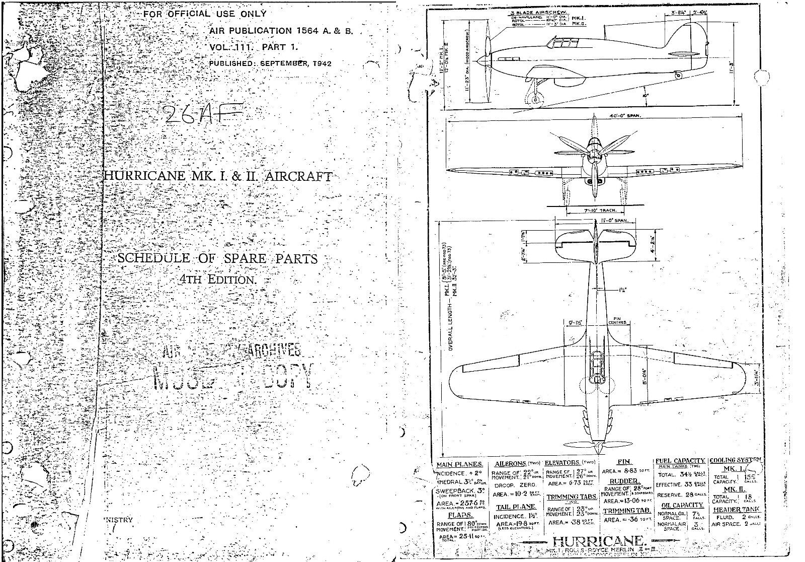 Hawker Hurricane 1942 illustrated Parts Service Manual archive VERY RARE period