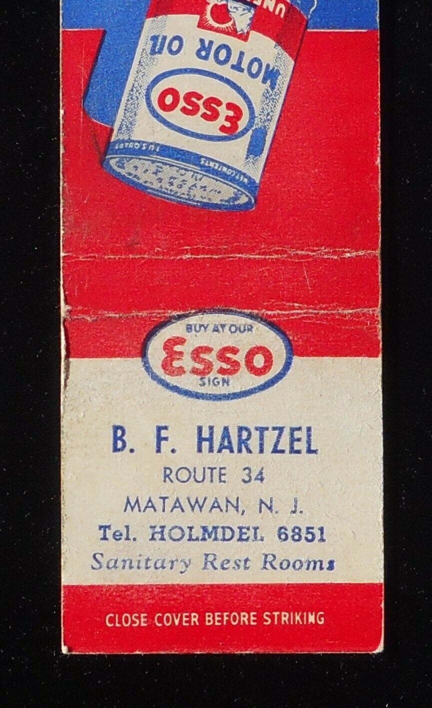 1940s Gas B. F. Hartzel Esso Motor Oil Tel. Holmdel 6851 Route 34 Matawan NJ MB