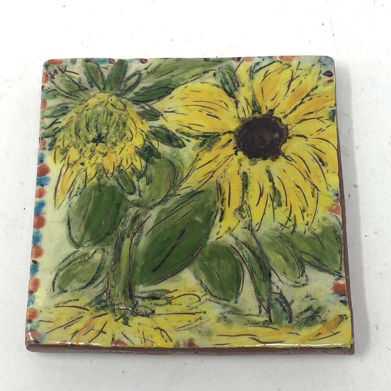 Vintage Terra Cotta Hand Painted Tile Sunflowers 5” X 5” Square