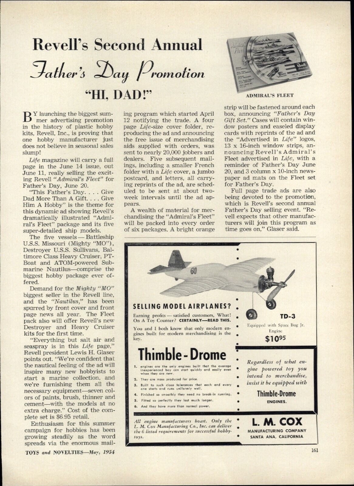 1954 PAPER AD Thimble Drome TD-3 L M Cox Gas Gasoline Engine Airplane 