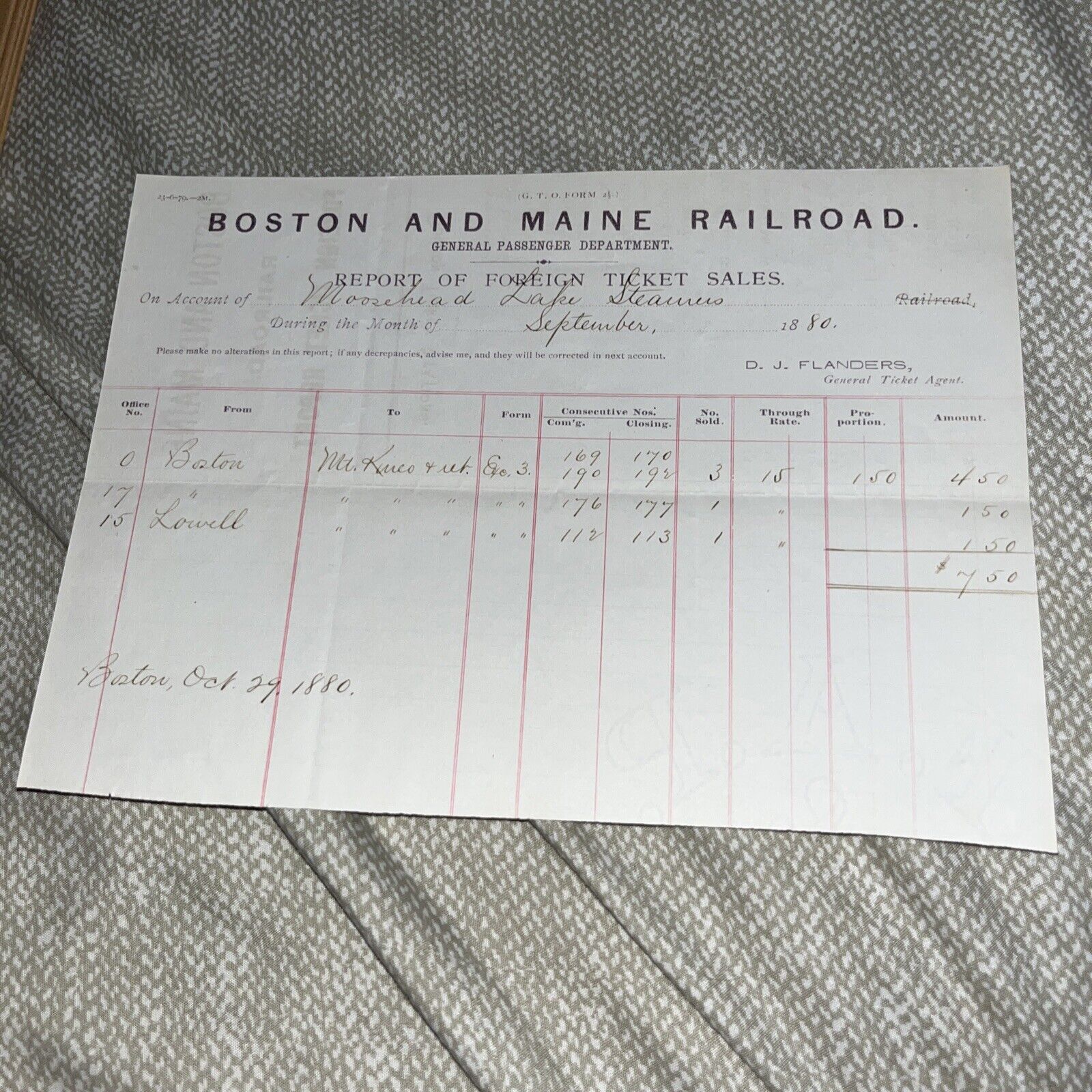 1880 Boston and Maine Railroad Invoice for Moosehead Lake Steamers Account