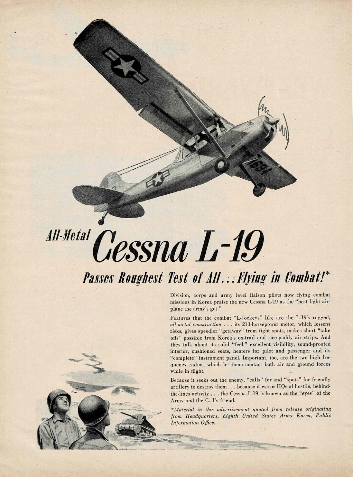 All-Metal - Cessna L-19 - Flying in Combat - 1951 - Vintage Print Ad
