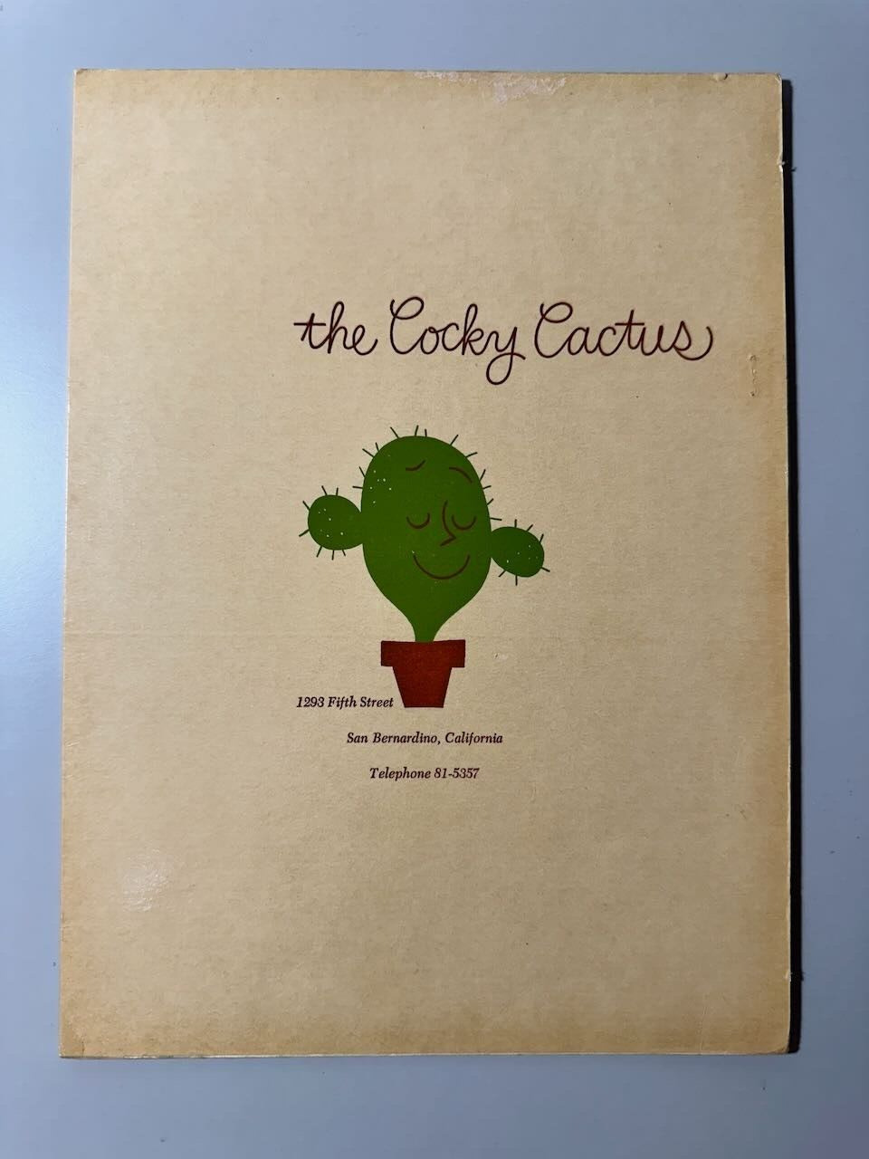ORIGINAL 1950s The Cocky Cactus Vintage Menu San Bernardino CA LARGE 9x12 COOL