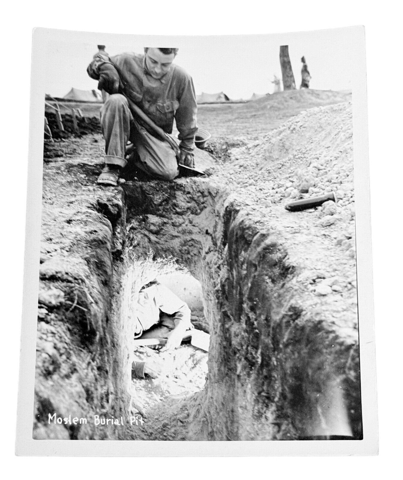 WW2 Era Photo U.S. GI Holding Shovel Inspecting Moslem Burial Pit North Africa