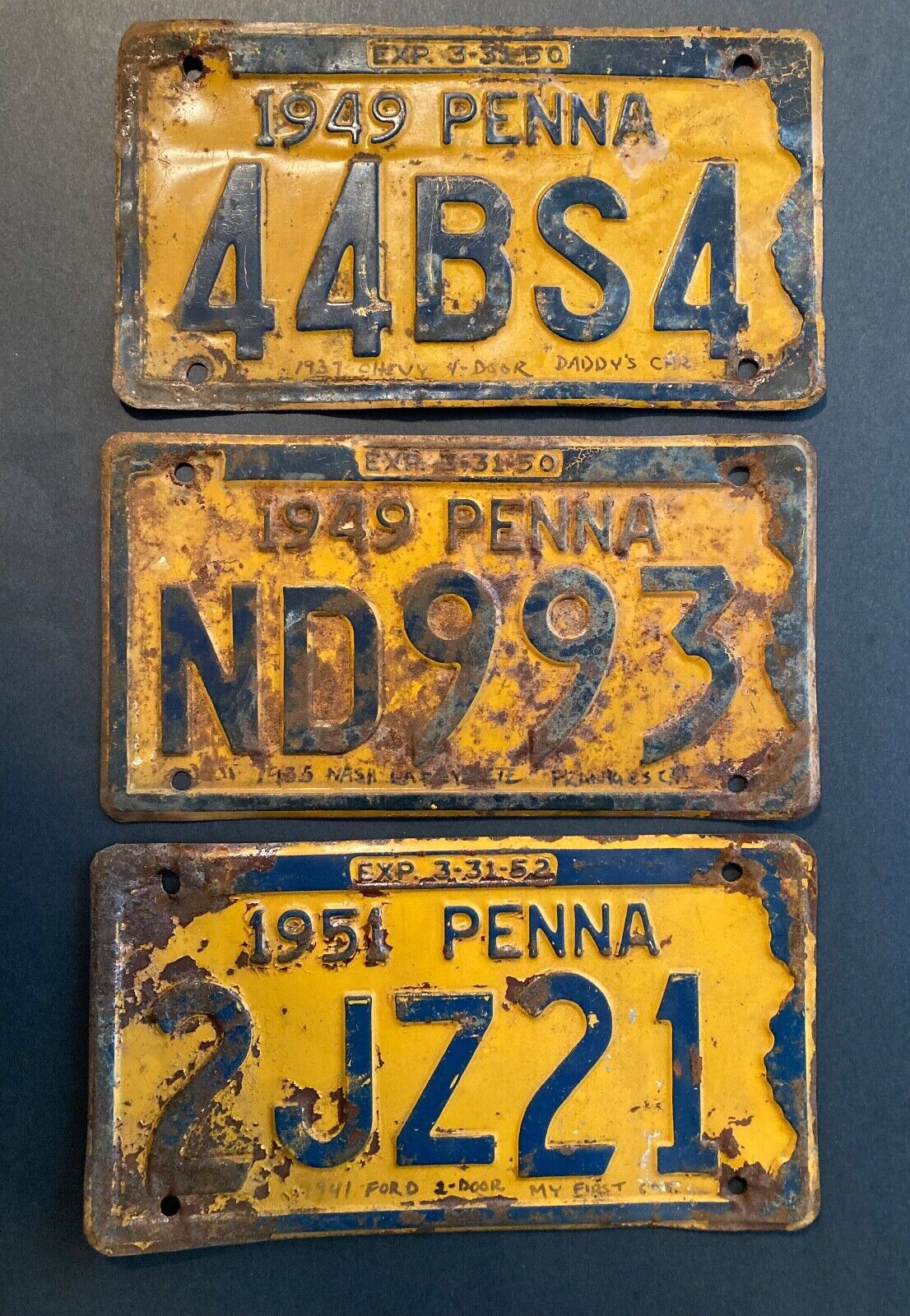 3 VINTAGE PENNSYLVANIA LICENSE PLATES 1949 & 1951 ~ With Notes of Provenance