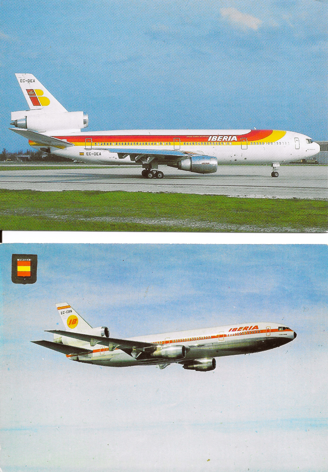 IBERIA Spain Postcards, 2 DC-10-30s on ramp & inflight