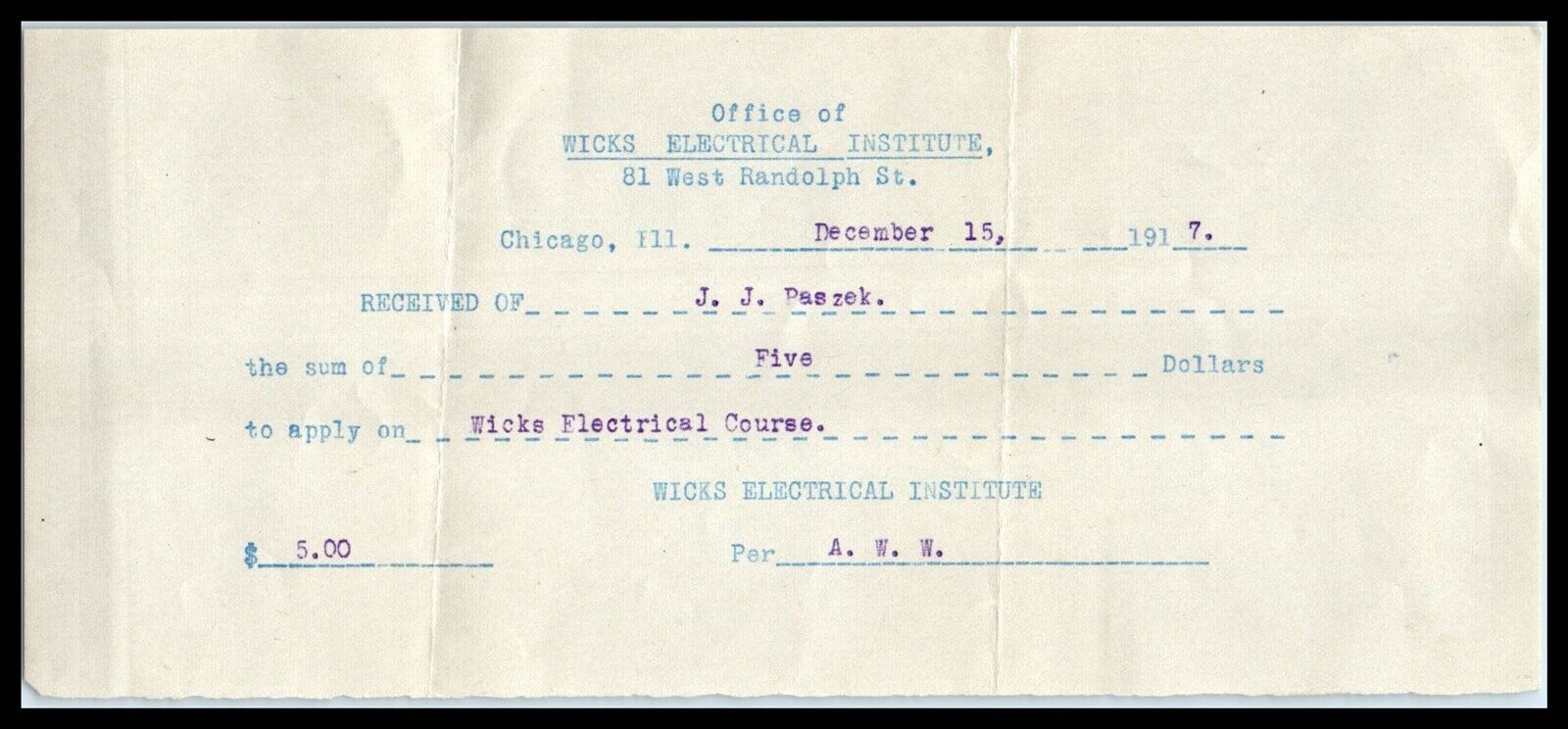 1917 RECEIPT- Wicks Electrical Institute, Chicago, Illinois A2