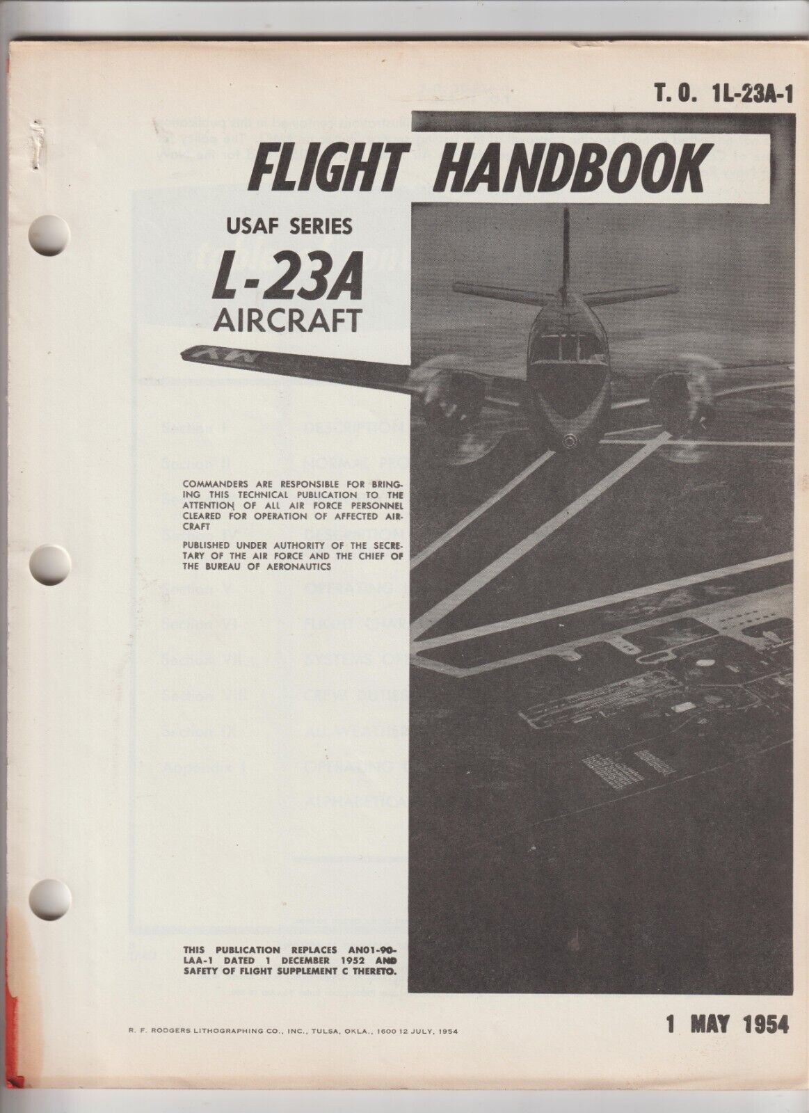 USAF Beech Model L-23A Aircraft Flight Handbook T.O. 1L-23A-1, 1954 Original