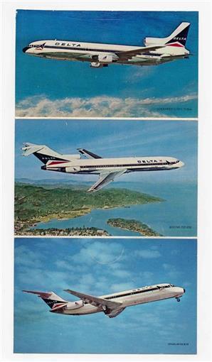 Delta Airlines 3 Airplane Postcard Lockheed 1011 Boeing 727-232 Douglas DC-9-32