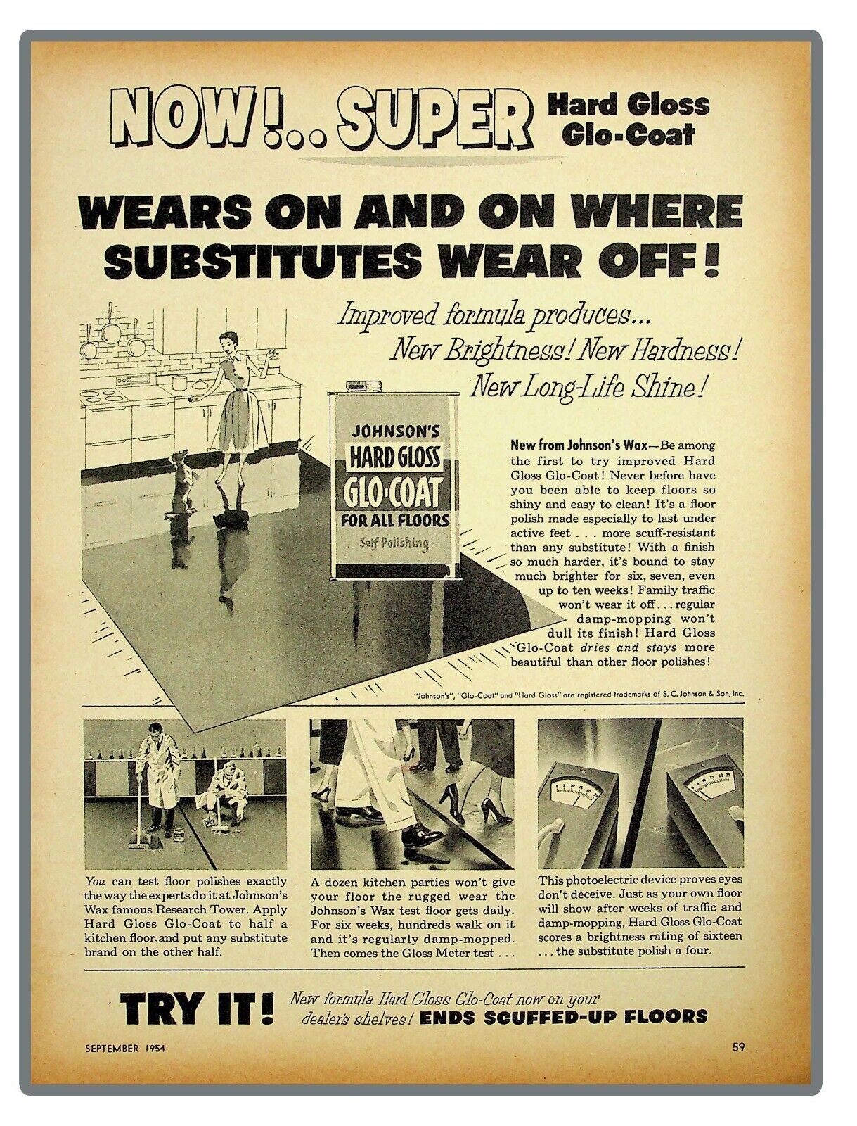 Johnson’s floor wax Glo Coat Photoelectric Gimmick 1954 Vintage print ad