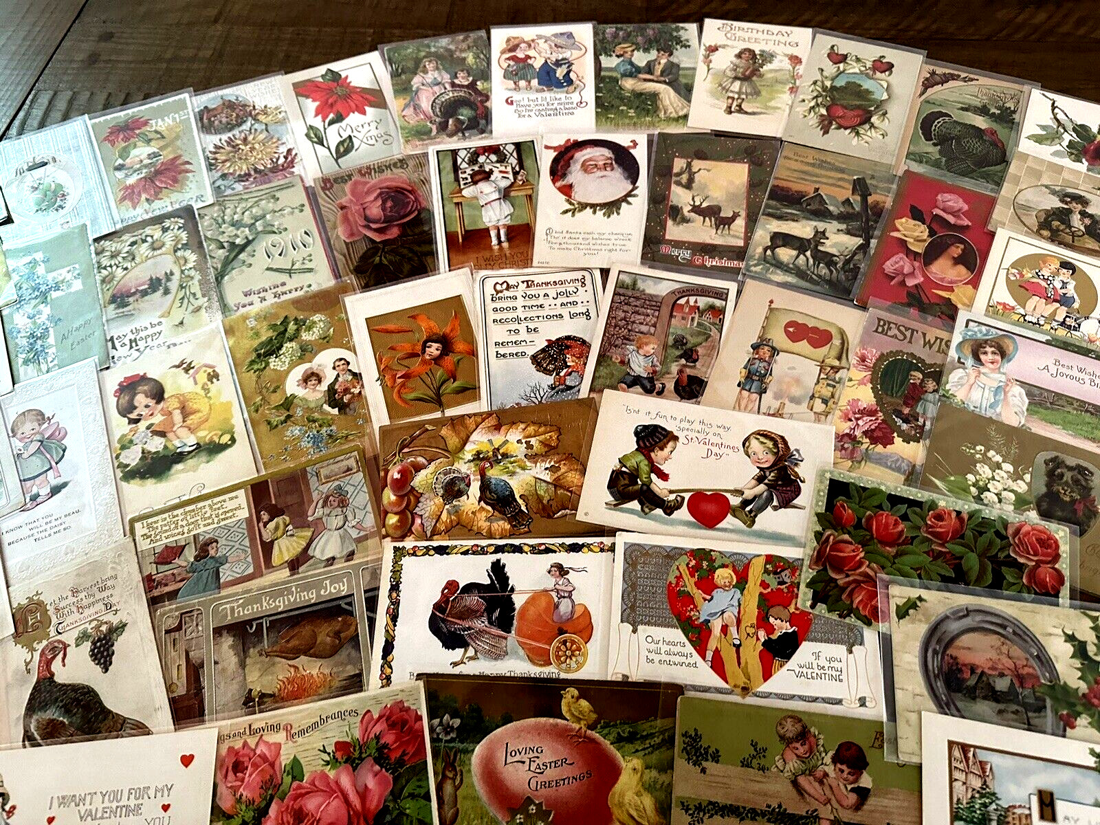 Lot of 50~Holiday Greeting Postcards~Xmas~Thanksgiving~Valentines~etc.~h731