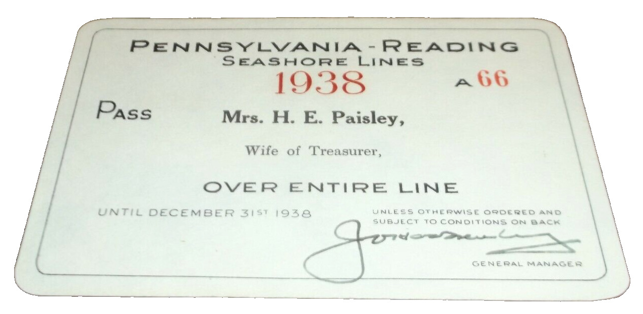 1938 PENNSYLVANIA READING SEASHORE LINES PRSL EMPLOYEE PASS #66 VIP MANAGEMENT