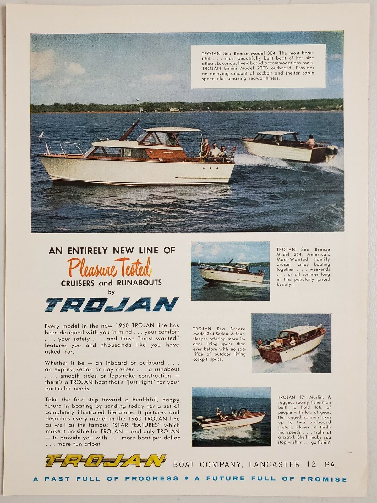 1960 Print Ad Trojan Sea-Breeze & 17\' Marlin Boats Made in Lancaster,PA