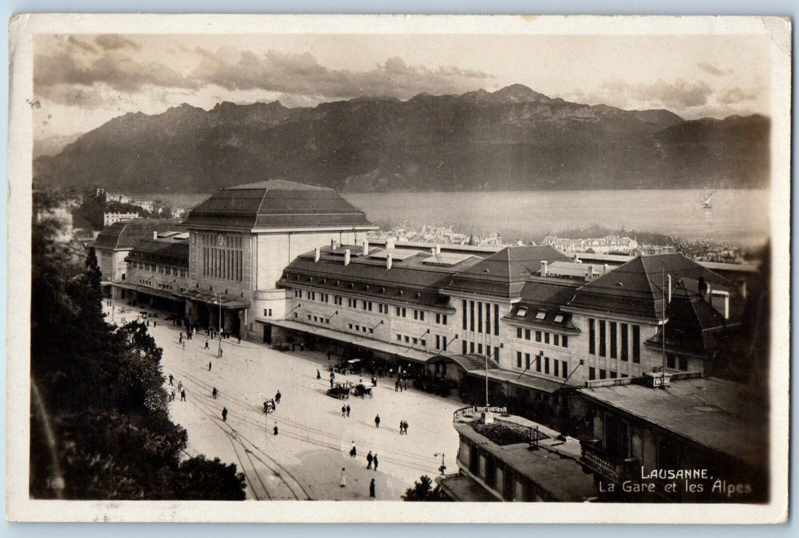 Lausanne Vaud Switzerland Postcard The Station and the Alps 1927 RPPC Photo