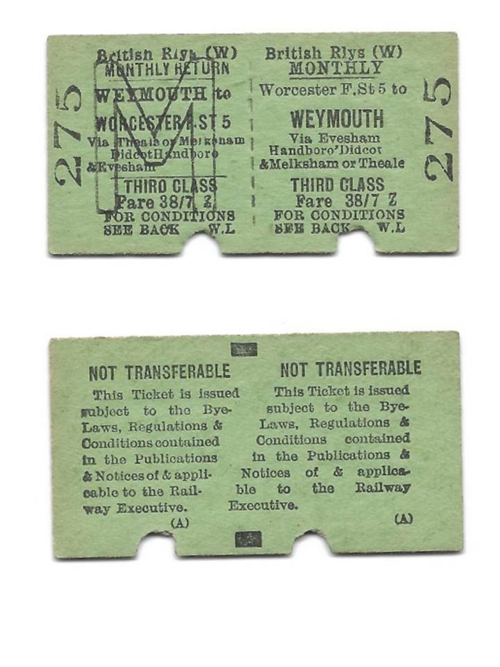 Vintage Collectable British Railways GWR Style Ticket 3rd Cl Worcester Weymouth