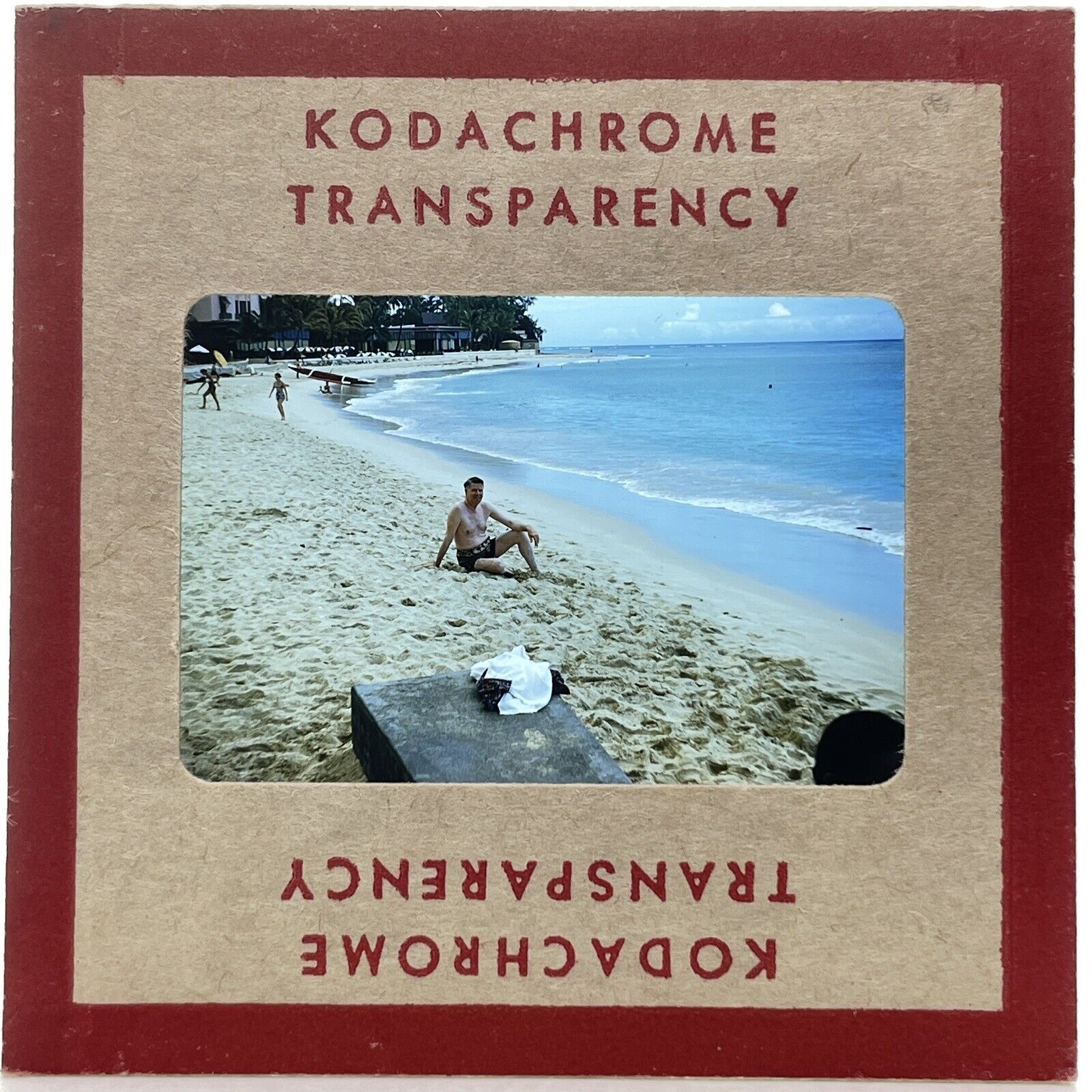 35mm Slide 50s Vtg Red Kodachrome Hawaii Tourist On Waikiki Beach #2