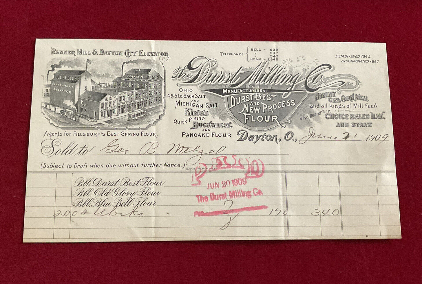 1909 Dayton Oh Durst Milling Flour Billhead LetterHead Pillsbury Agent Banner